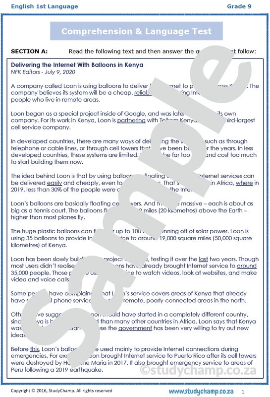 Grade 9 English: Comprehension and Language - Internet Balloons