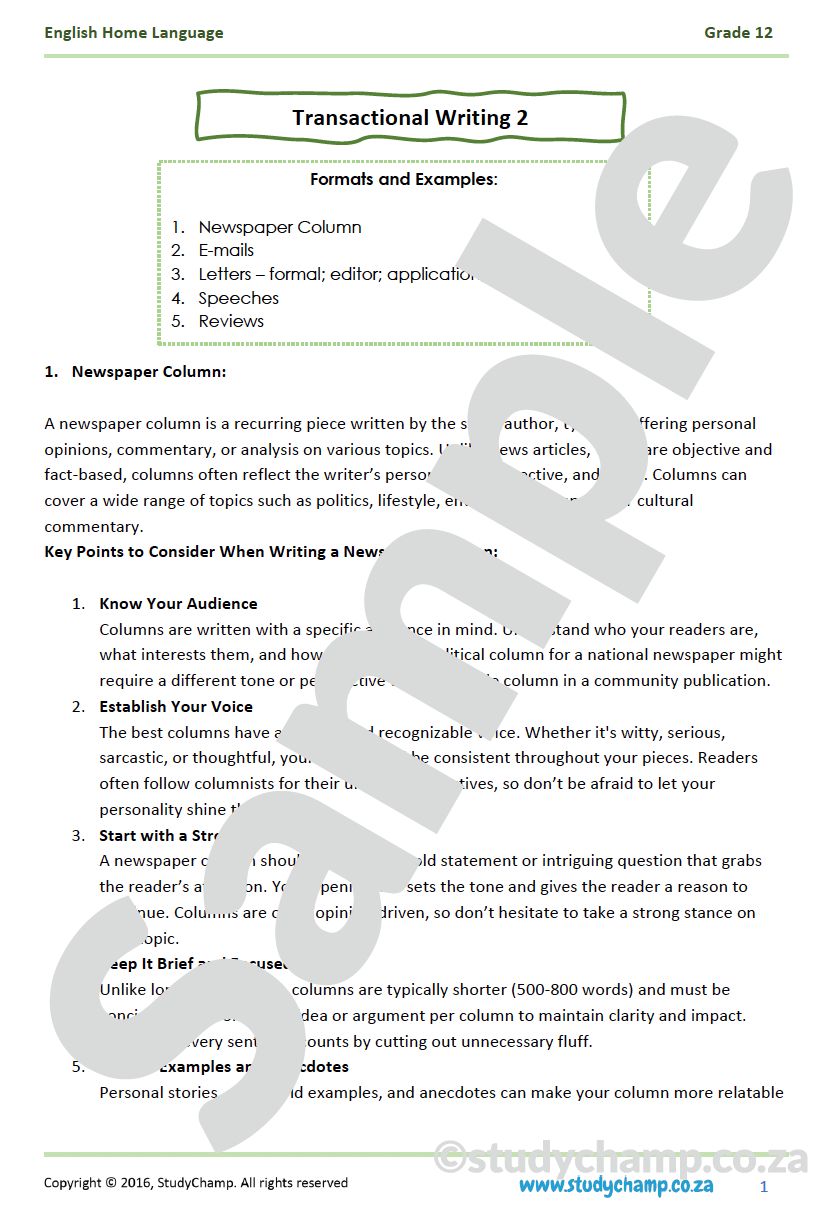 Grade 12 English Home Language: Transactional Writing 2
