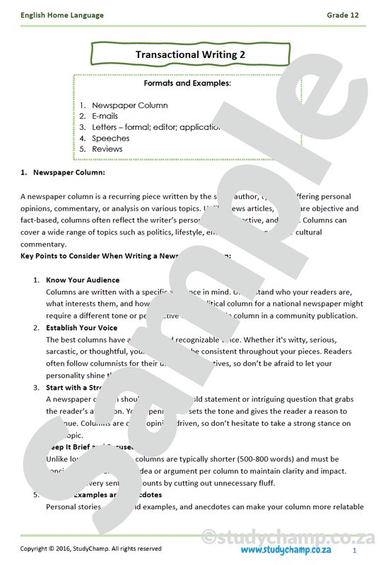 Grade 12 English Home Language: Transactional Writing 2
