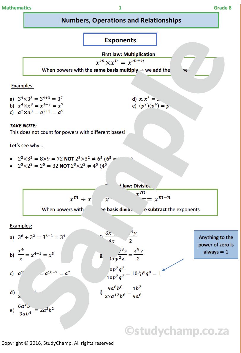 Grade 8 Mathematics Worksheet: Exponents
