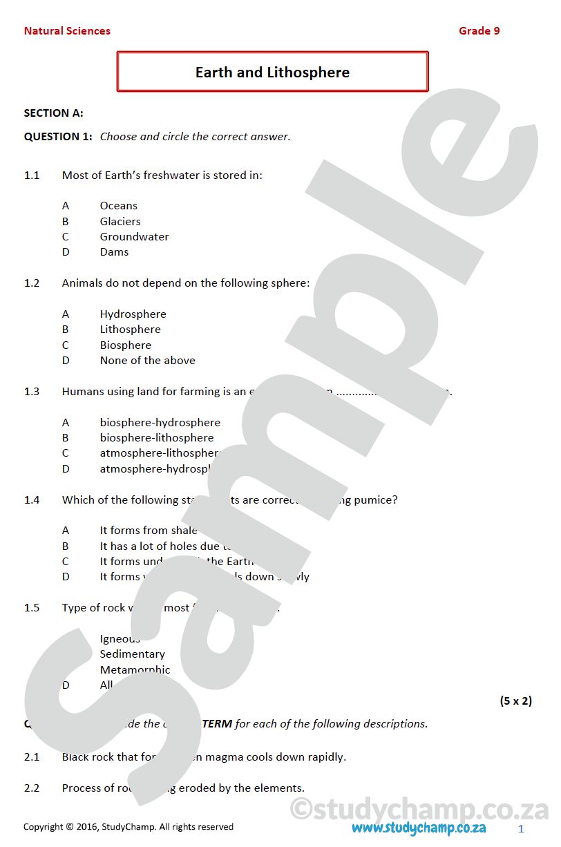 Grade 9 Natural Sciences Test: Earth and Lithosphere