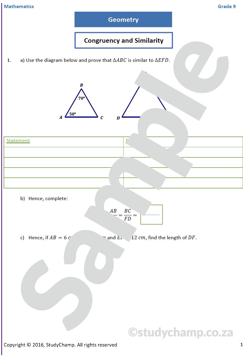 Grade 9 Mathematics Worksheet: Geometry - Similarity and Congruency