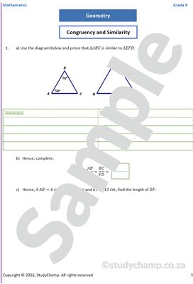 Grade 9 Mathematics Worksheet: Geometry - Similarity and Congruency