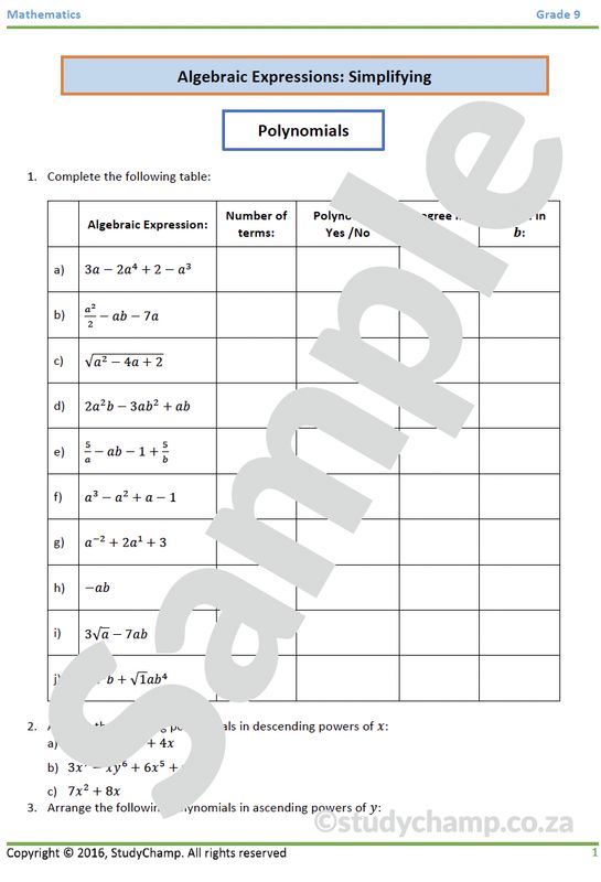 Grade 9 Mathematics Worksheet: Algebraic Expressions