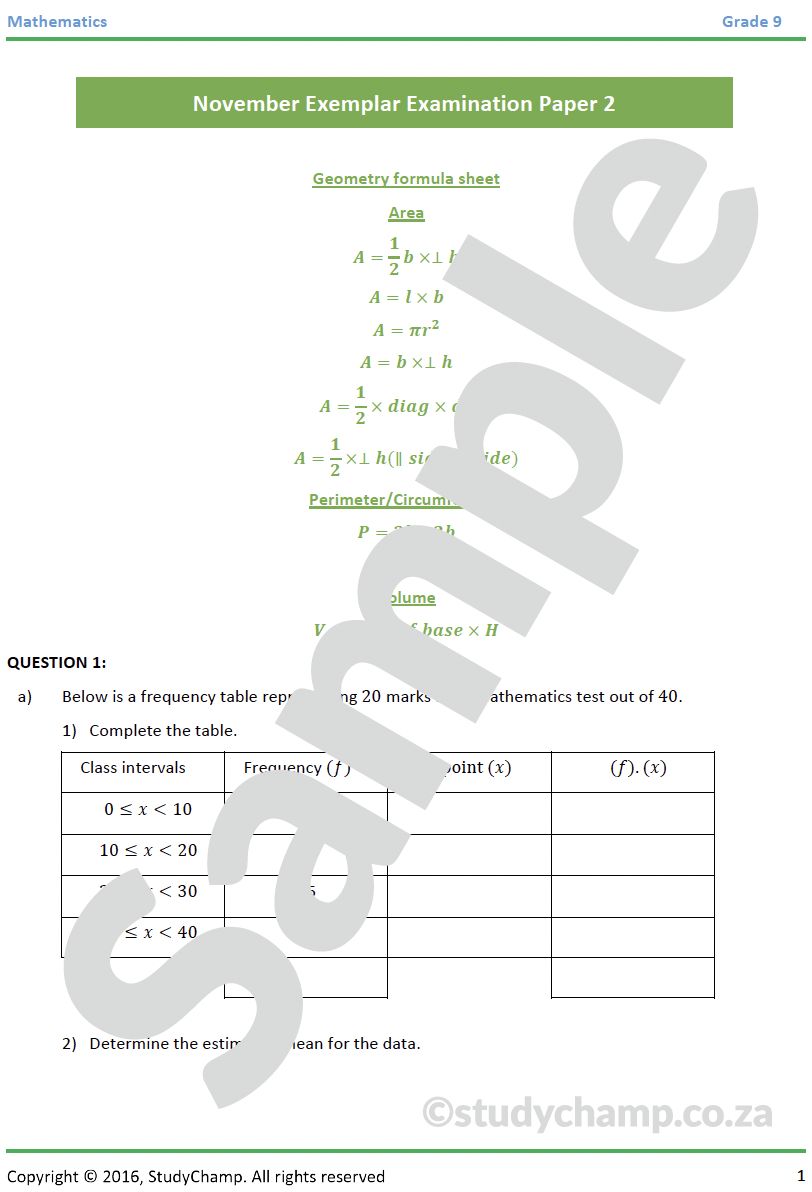 Grade 9 Mathematics Year-end Exam Revision: Workbook 2