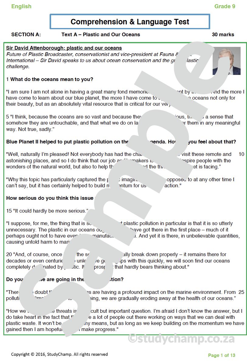 Grade 9 English: Comprehension and Language - Plastic