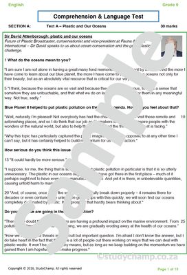 Grade 9 English: Comprehension and Language - Plastic
