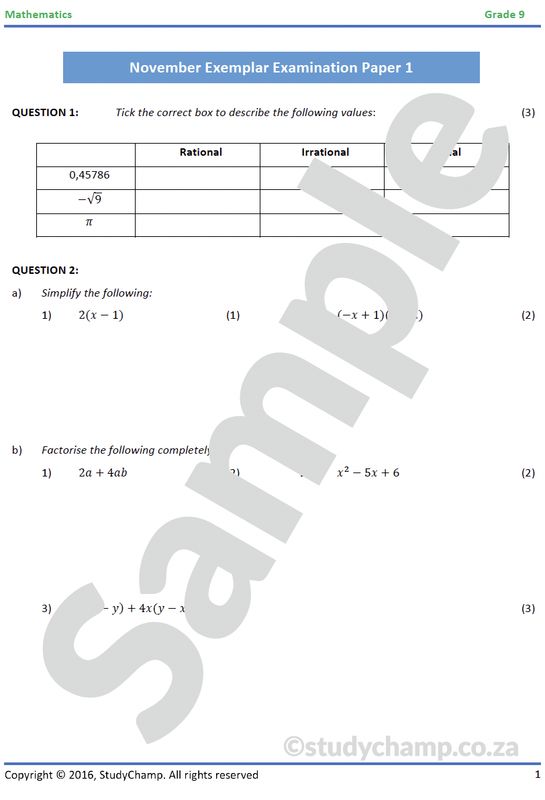 Grade 9 Mathematics Year-end Exam Revision: Workbook 1