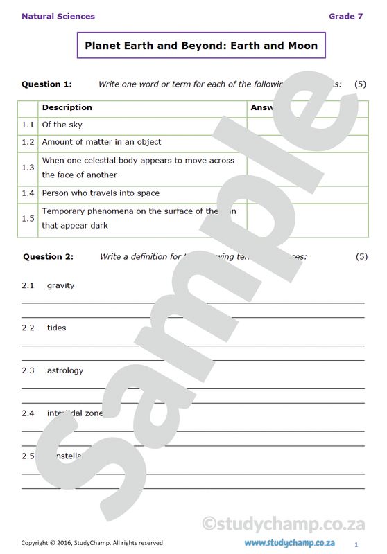 Grade 7 Natural Sciences Test: Earth and the Moon