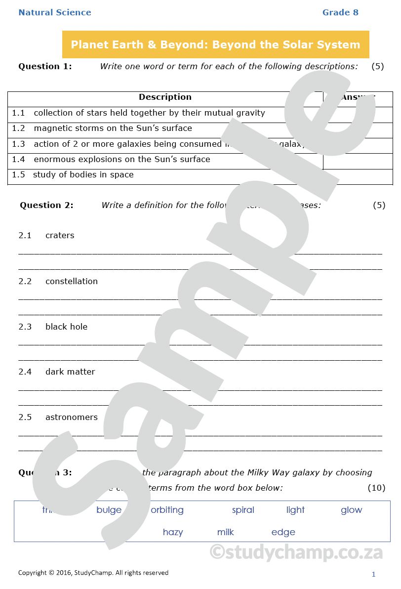 Grade 8 Natural Sciences Test: Beyond the Solar System