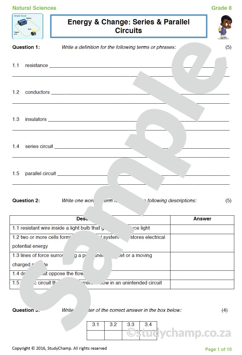 Grade 8 Natural Sciences Test: Series and Parallel circuits
