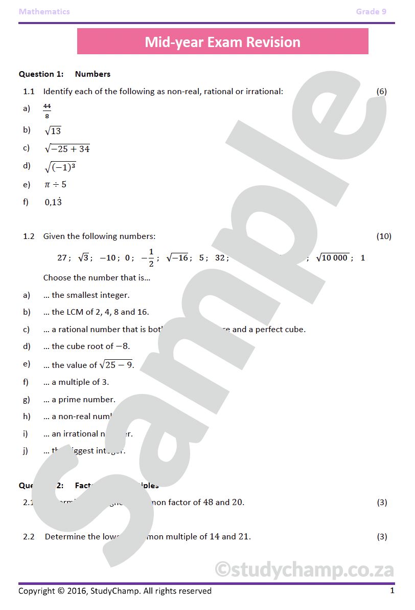 Grade 9 Mathematics Mid-year Exam Revision 1