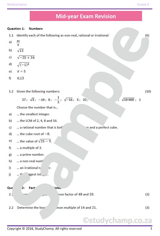 Grade 9 Mathematics Mid-year Exam Revision 1