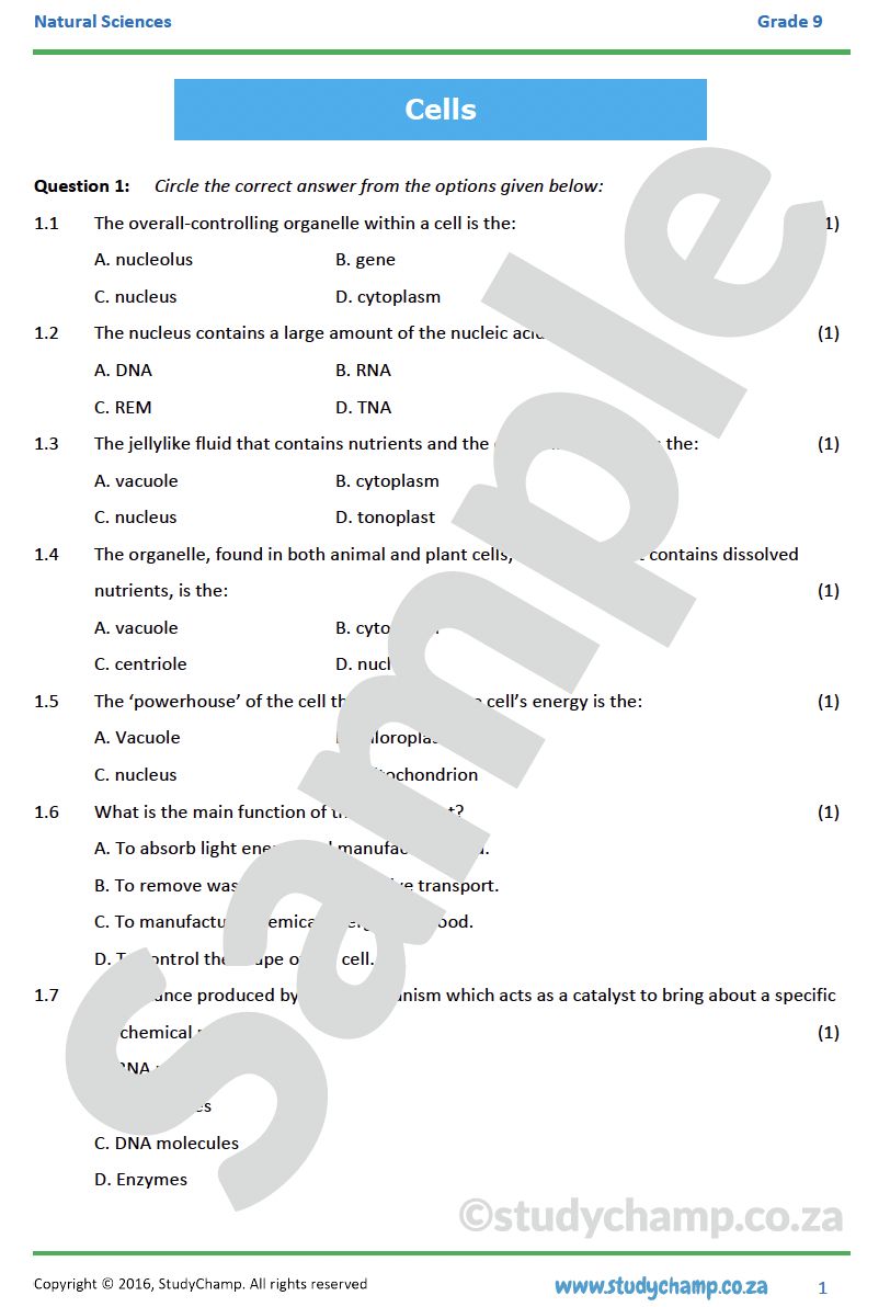 Grade 9 Natural Sciences Test: Cells