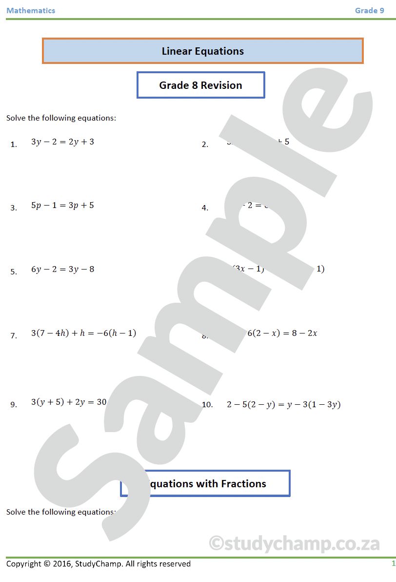 Grade 9 Mathematics Worksheet: Algebraic  Equations 1