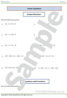 Grade 9 Mathematics Worksheet: Algebraic  Equations 1