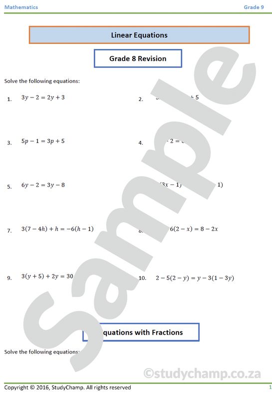 Grade 9 Mathematics Worksheet: Algebraic  Equations 1