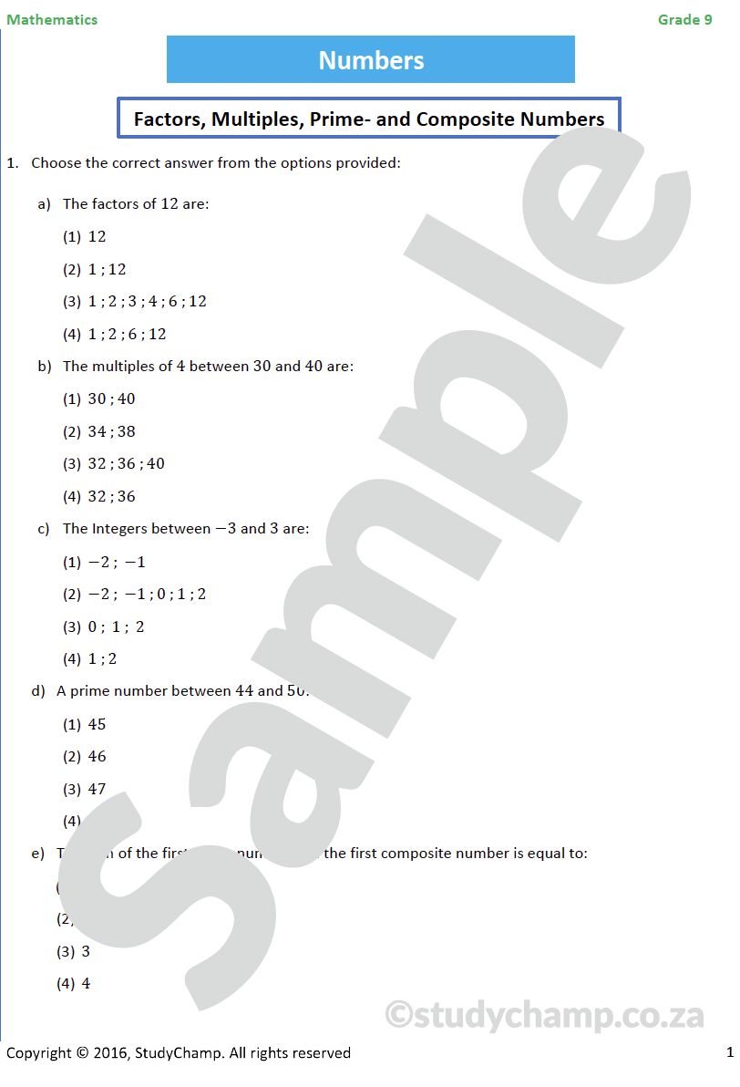 Grade 9 Mathematics Worksheet: Numbers