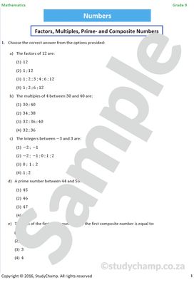 Grade 9 Mathematics Worksheet: Numbers