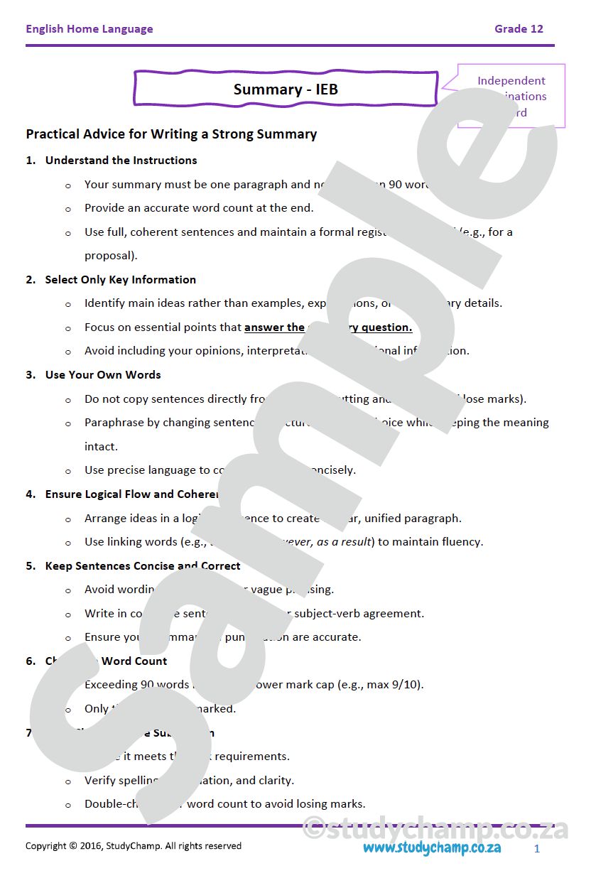 Grade 12 IEB English Home Language: Summary