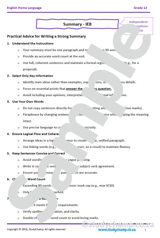 Grade 12 IEB English Home Language: Summary