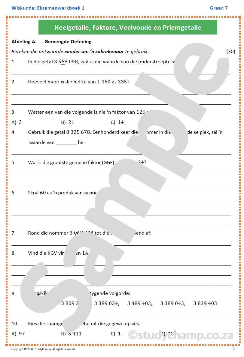 Graad 7 Wiskunde Jaareind Hersiening: Werkboek 1