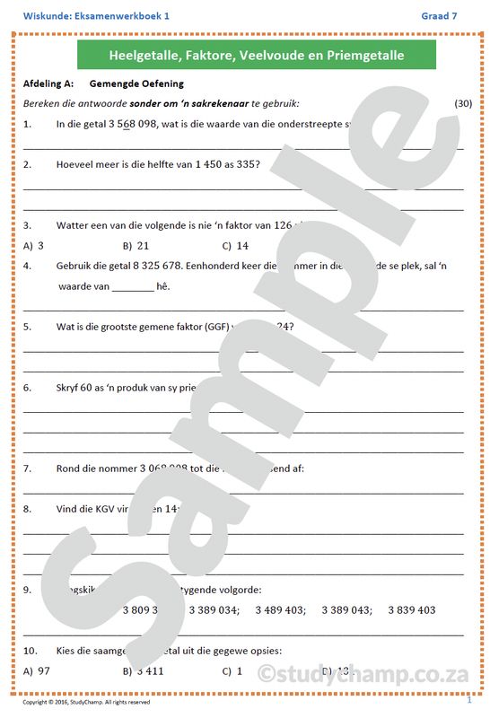 Graad 7 Wiskunde Jaareind Hersiening: Werkboek 1