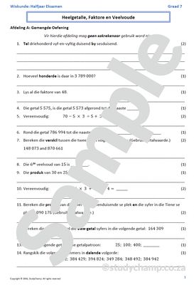 Graad 7 Wiskunde Halfjaar Hersiening: Werkboek 1
