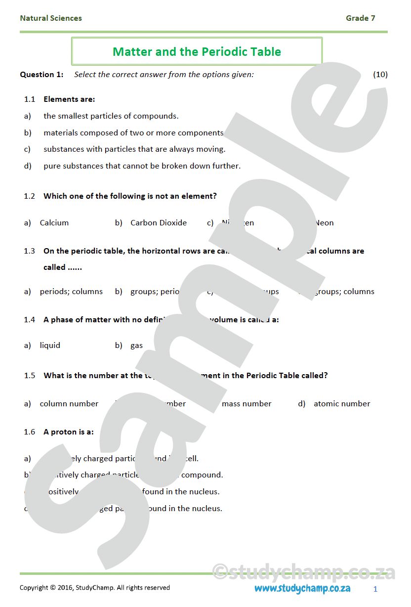 Grade 7 Natural Sciences Test: Matter and The Periodic Table
