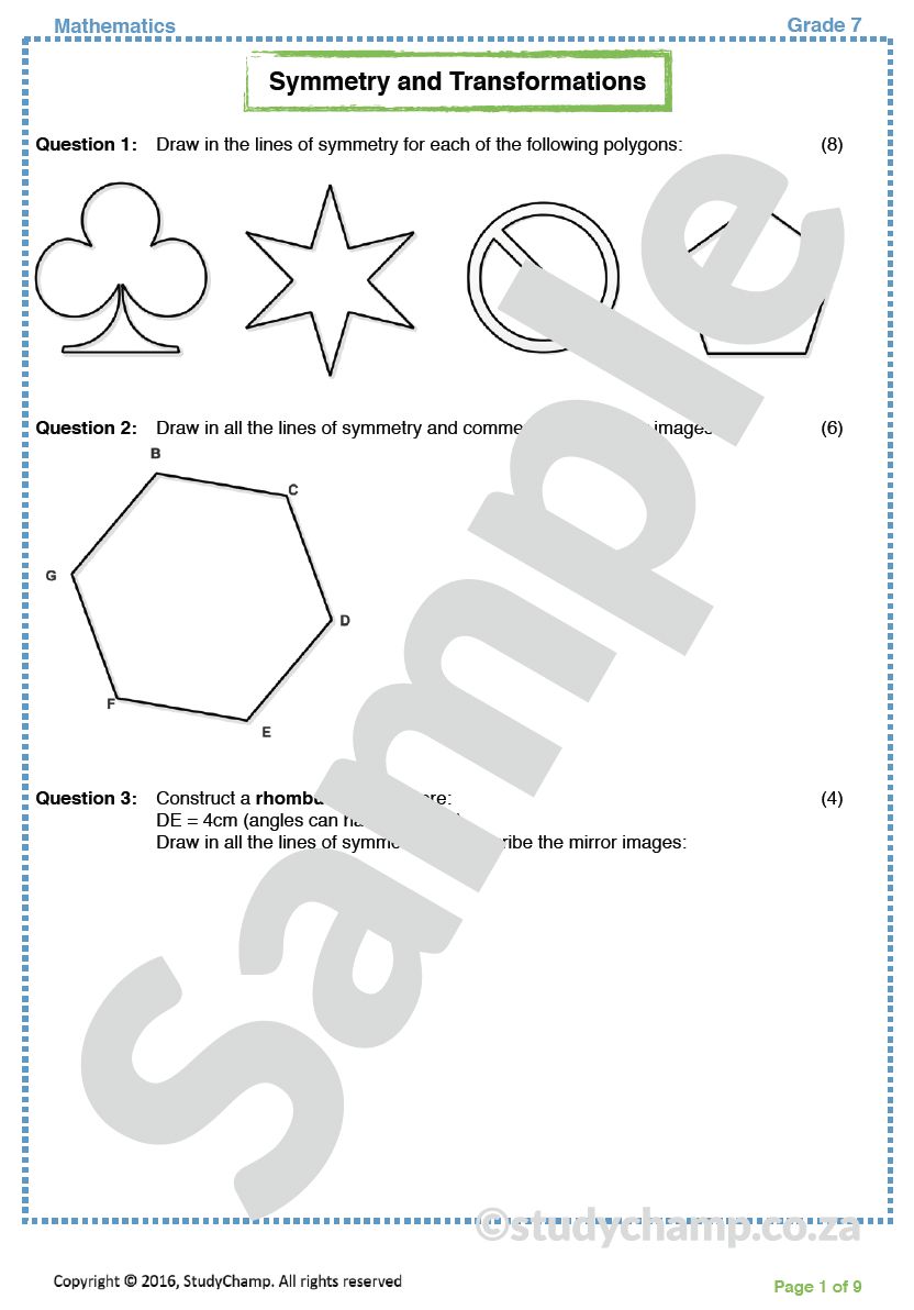 Grade 7 Mathematics Test: Symmetry and Transformations