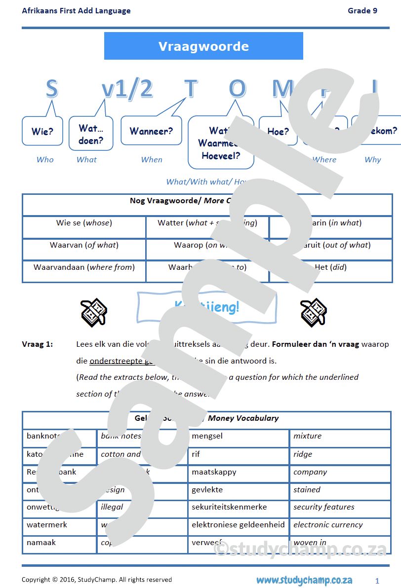 Grade 9 Afrikaans: Vraagwoorde
