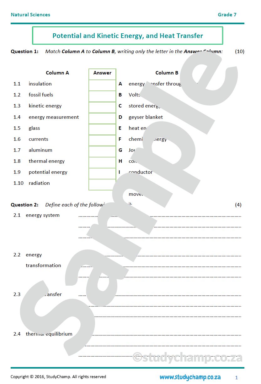 Grade 7 Natural Sciences Test: Potential and Kinetic Energy and Heat Transfer