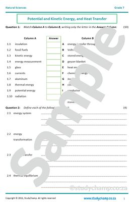 Grade 7 Natural Sciences Test: Potential and Kinetic Energy and Heat Transfer