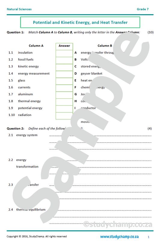 Grade 7 Natural Sciences Test: Potential and Kinetic Energy and Heat Transfer