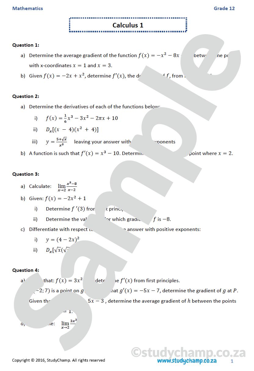 Grade 12 Mathematics worksheet: Calculus 1