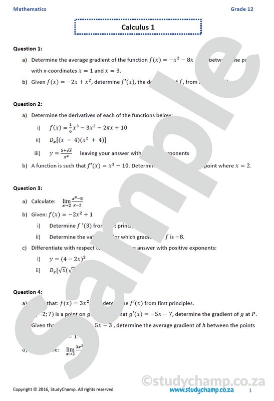 Grade 12 Mathematics worksheet: Calculus 1