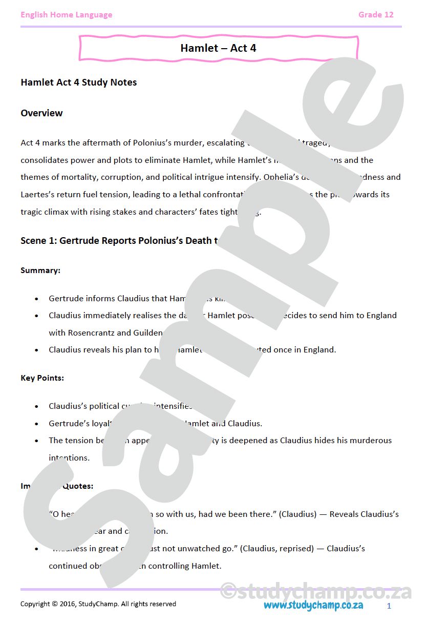 Grade 12 English Home Language: Hamlet - Act 4 and Act 5