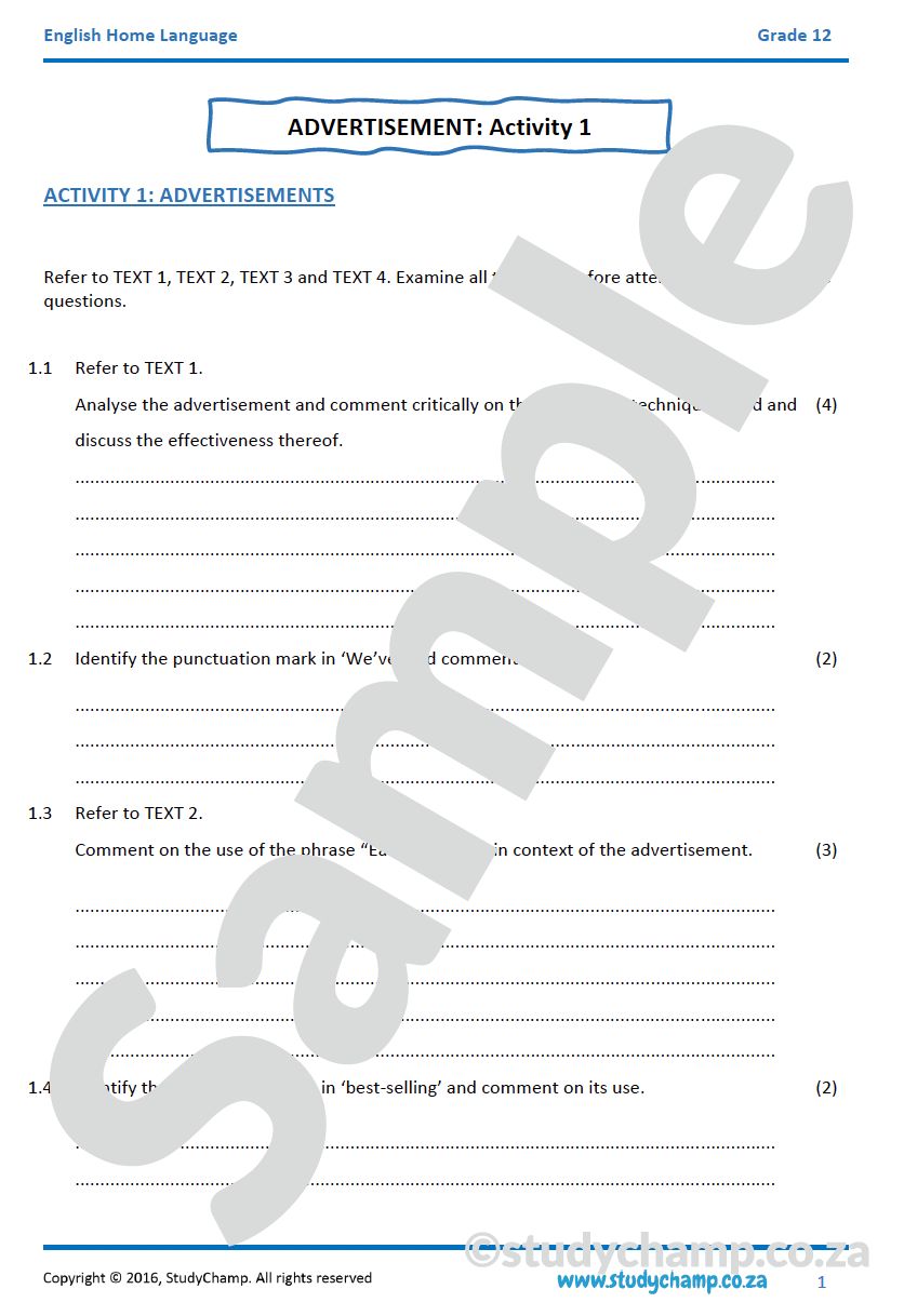 Grade 12 English Home Language: Advertisement - Activity 1