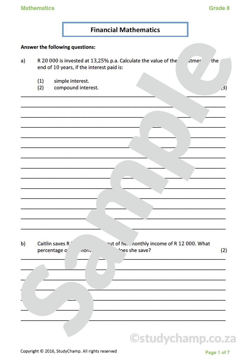 Grade 8 Mathematics Test: Financial Maths
