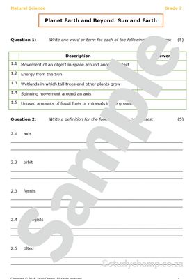 Grade 7 Natural Sciences Test: Earth and the Sun