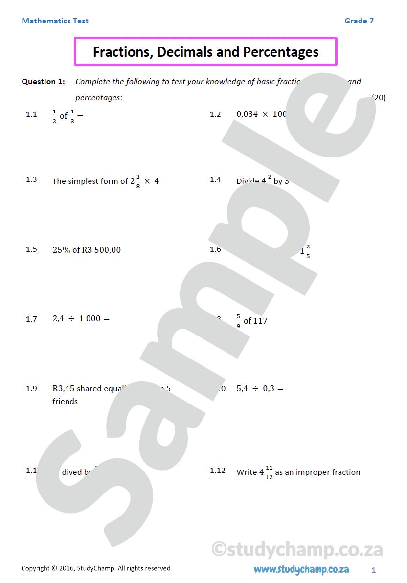 Grade 7 Mathematics Test: Fractions, Decimals and Percentages