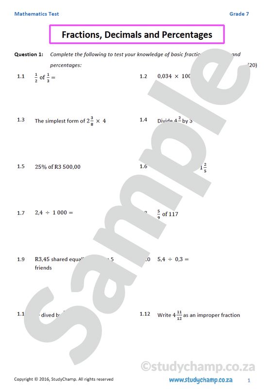 Grade 7 Mathematics Test: Fractions, Decimals and Percentages