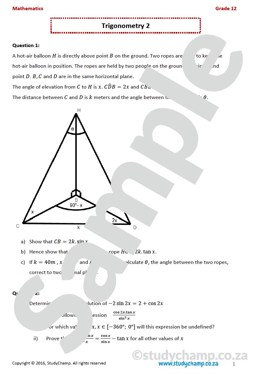Grade 12 Mathematics worksheet: Trigonometry 2