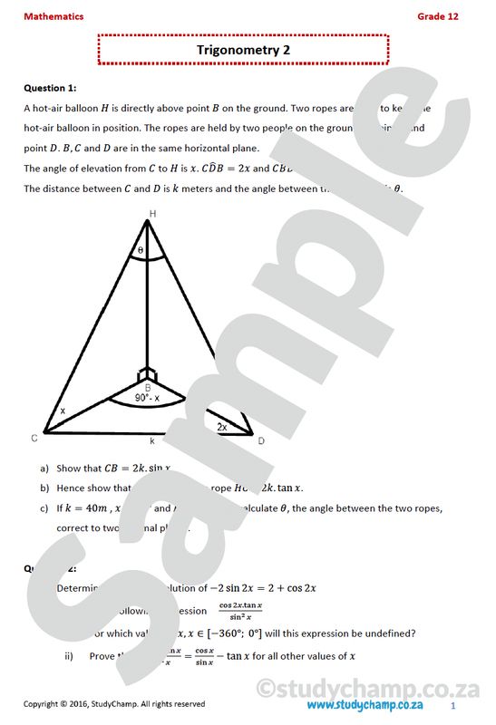 Grade 12 Mathematics worksheet: Trigonometry 2