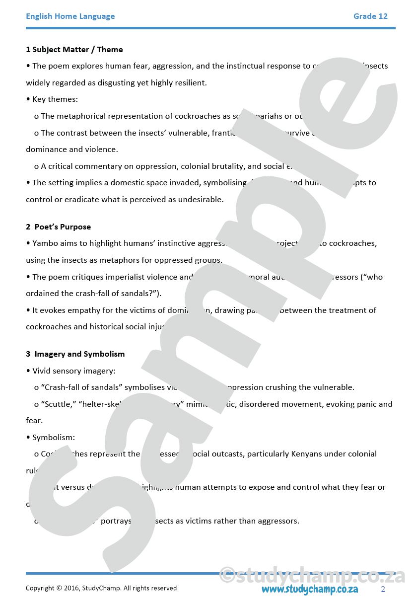 Grade 12 IEB English Home Language: Poetry - Cockroaches and Disgardment