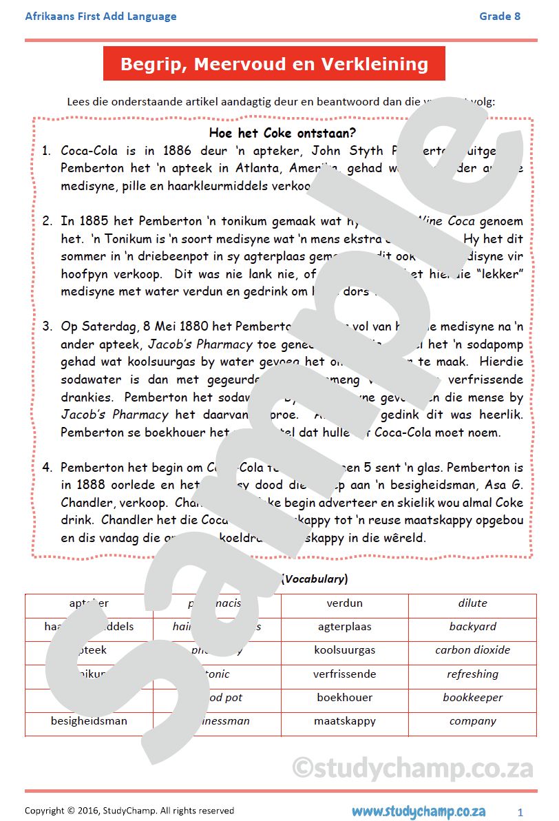 Grade 8 Afrikaans Begrip en Taal: Coke