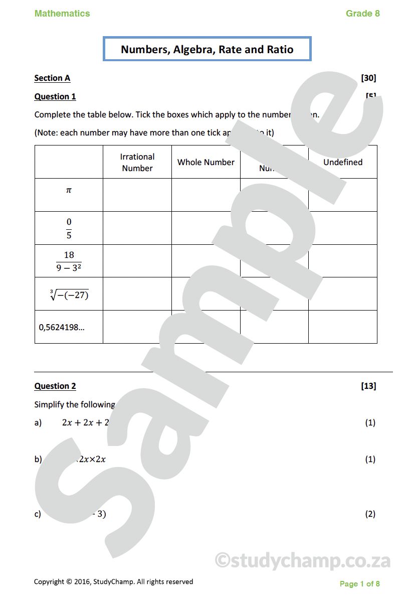 Grade 8 Mathematics Test: Numbers and Algebra