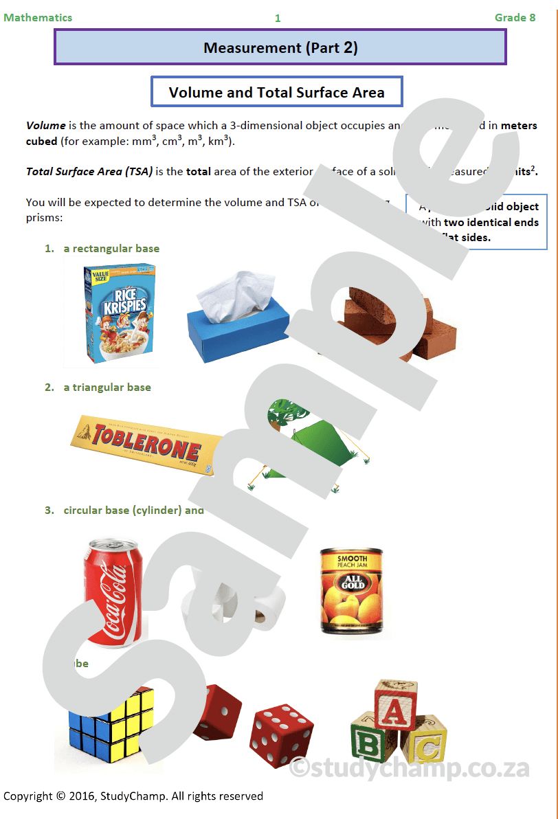 Grade 8 Mathematics Worksheet: Measurement - Surface Area and Volume