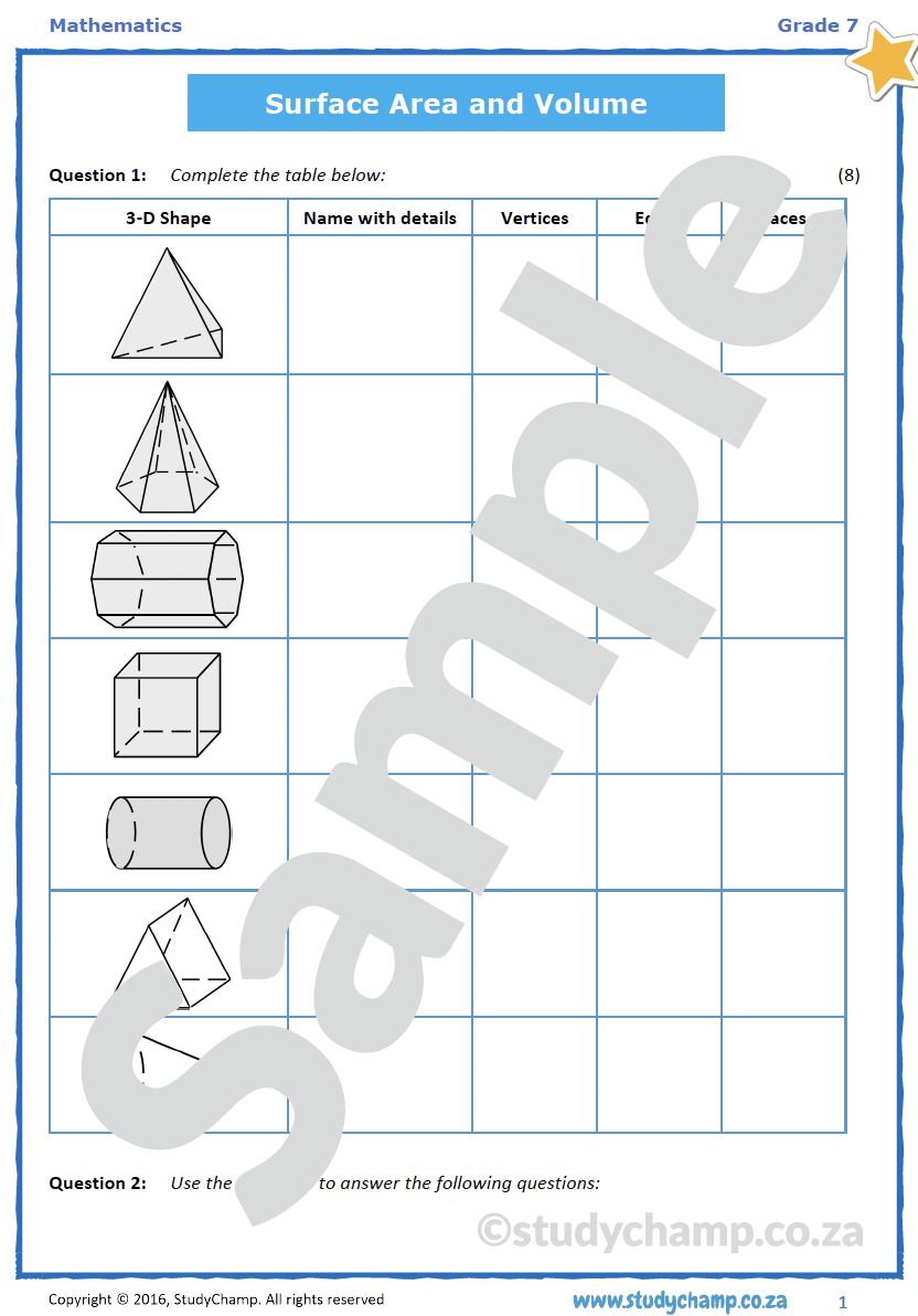 Grade 7 Mathematics Test: Surface Area and Volume