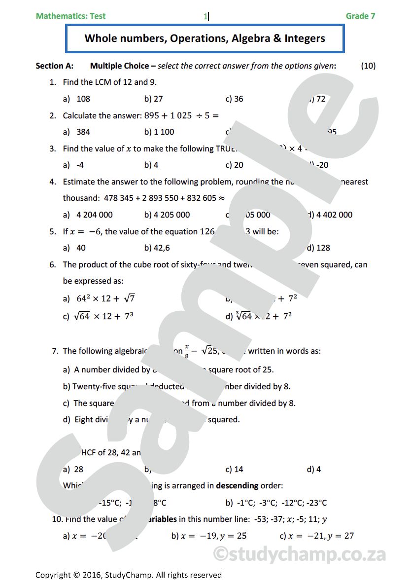 Grade 7 Mathematics Test: Operations, Integers and Algebra